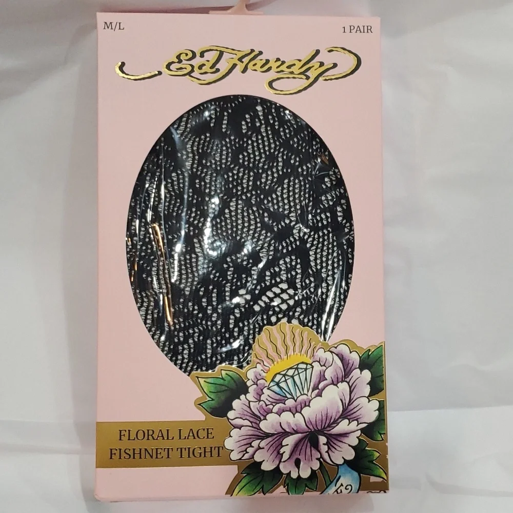 Ed Hardy‎ black floral lace fishnet tights stockings pantyhose size M/L new